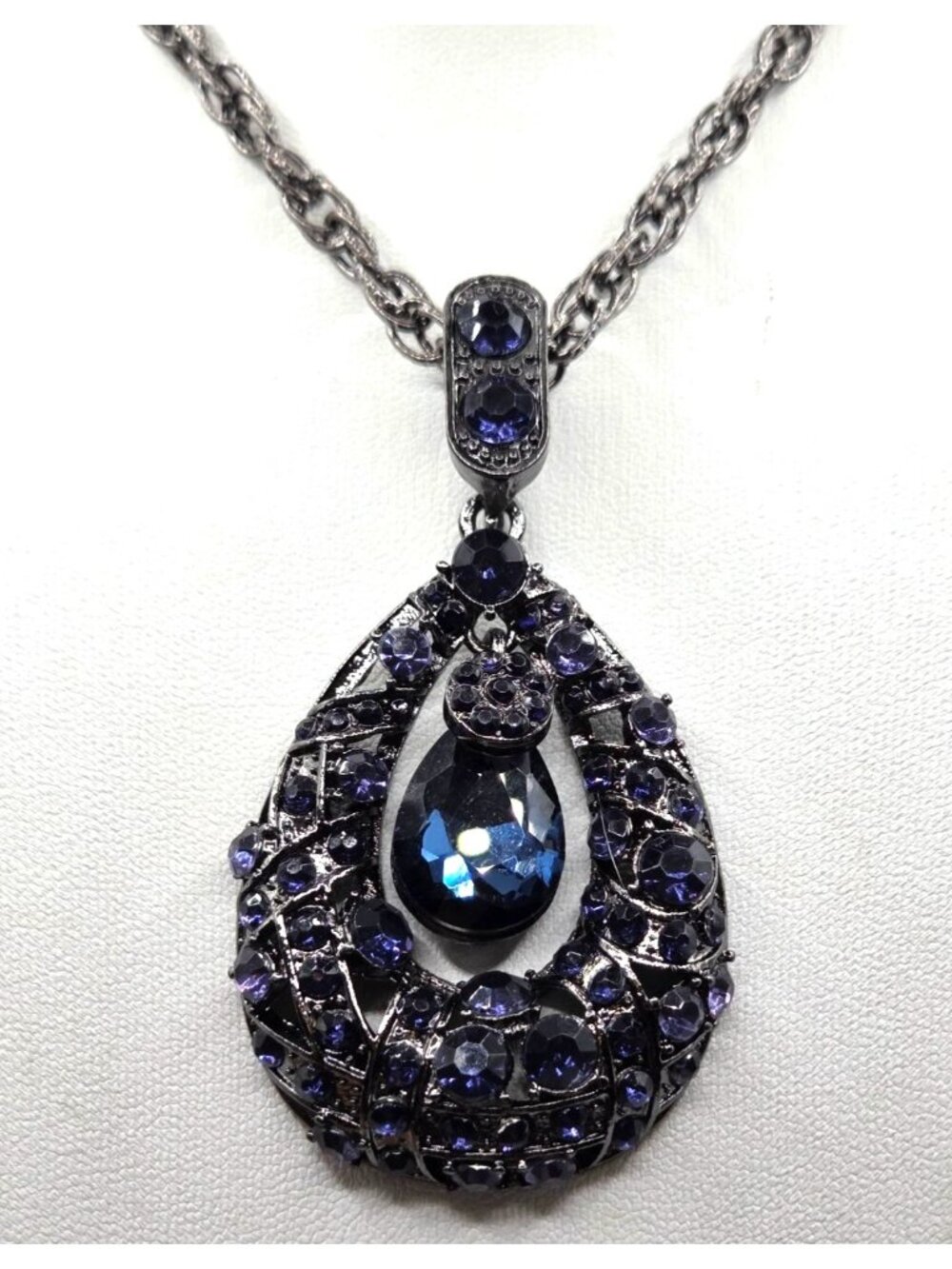 Vintage Silver-Tone Teardrop Necklace With Blue & Purple Crystal Accents